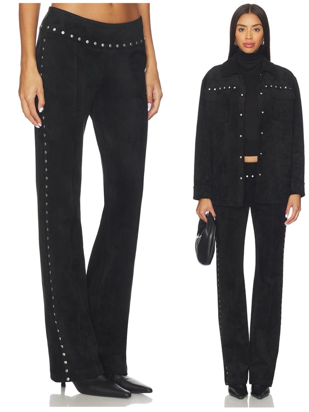 NWT Amanda Uprichard Regency Black Suede Straight-Leg Pants with Stud Trim XS